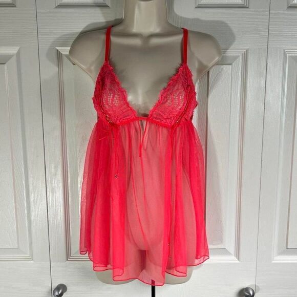 Victoria's Secret 2-Pc Neon Pink Sheer/Lace/Lace Up Babydoll Size Lg NWT - Picture 1 of 13